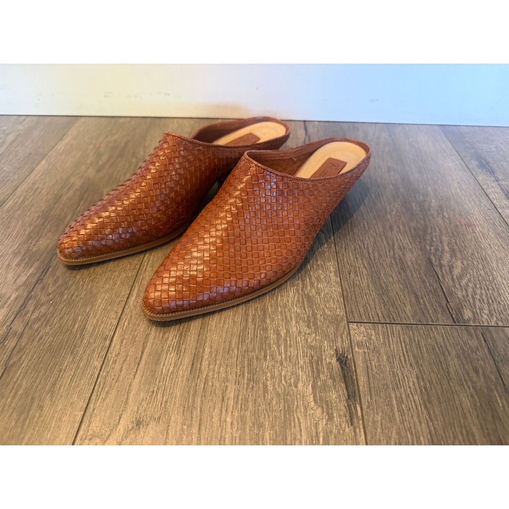 Picassos Woven Leather Mules Brown Pointed Toe Stacked Wedge Made in Brazil 9M